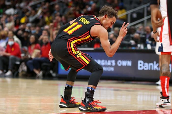 Atlanta Hawks guard Trae Young (11) celebrates after a made basket against the Washington Wizards in the second half at State Farm Arena.